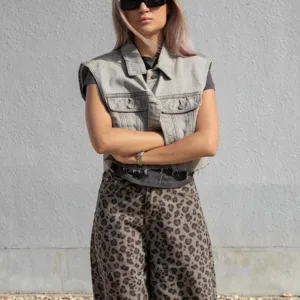 Cropped Denim Vest in Light Grey