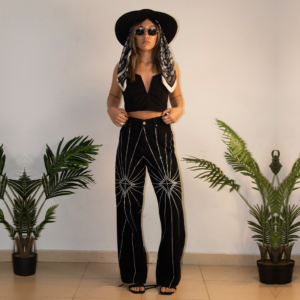 Custom Embroidered denim in jet black model