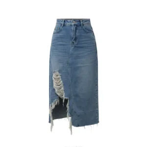 Distressed midi skirt in vintage blue