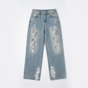 Wide leg painted distressed denim